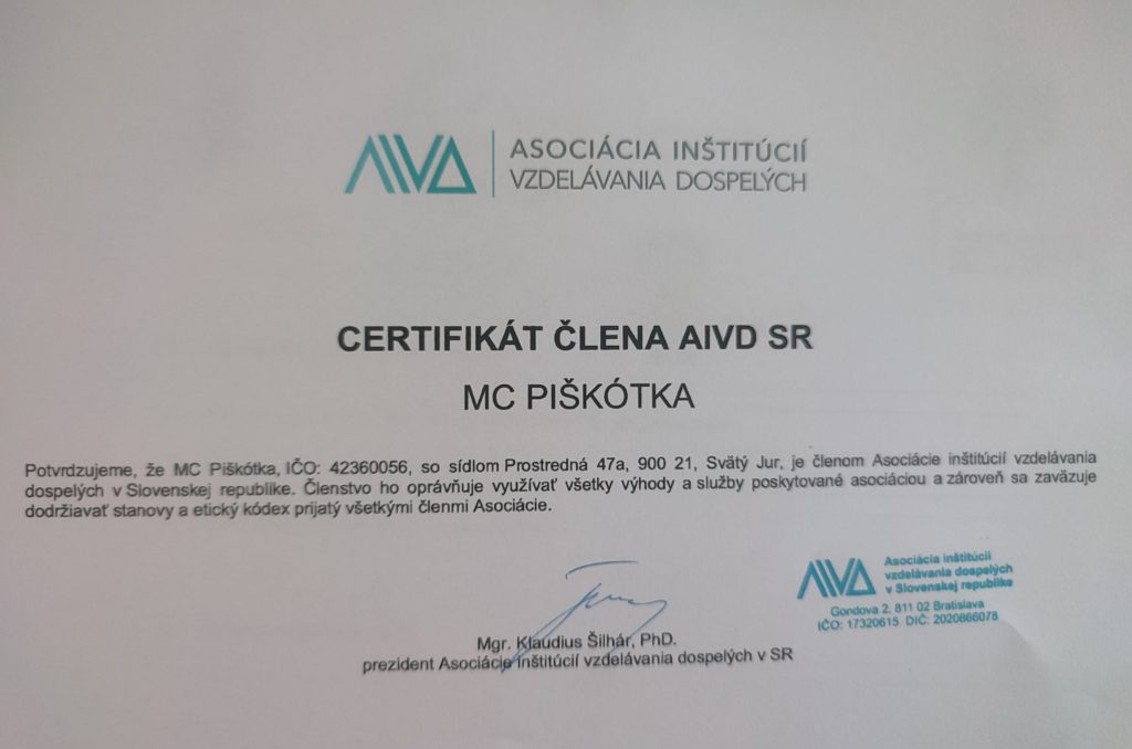 Certifikát člena Asociácie inštitúcií vzdelávania dospelých